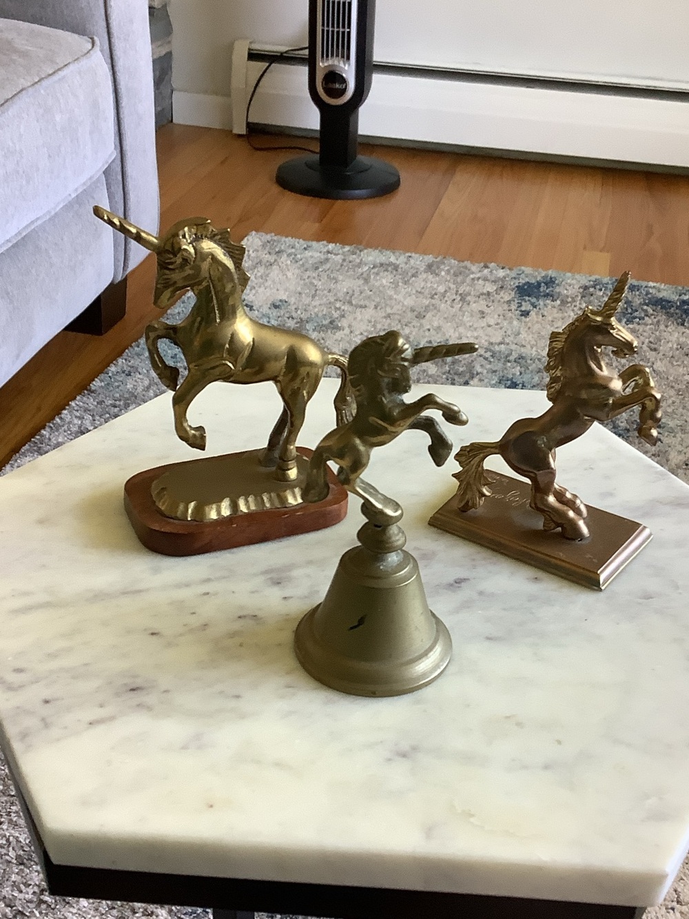 Brass Unicorn Figurines Trio with Small Bell - Gold Finish